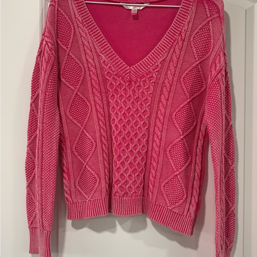 Pink Cable Knit V-Neck Sweater